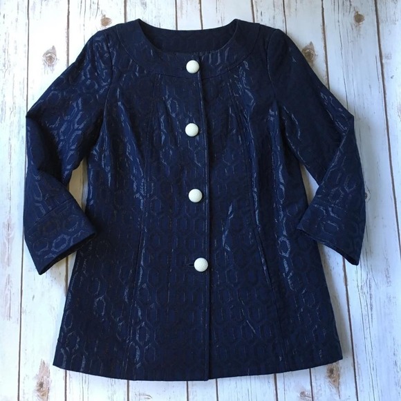 Brocade Retro Jacket Women M 8 10 Merona Blue Mod Cotton Linen Blend 60s 70s - Picture 1 of 5